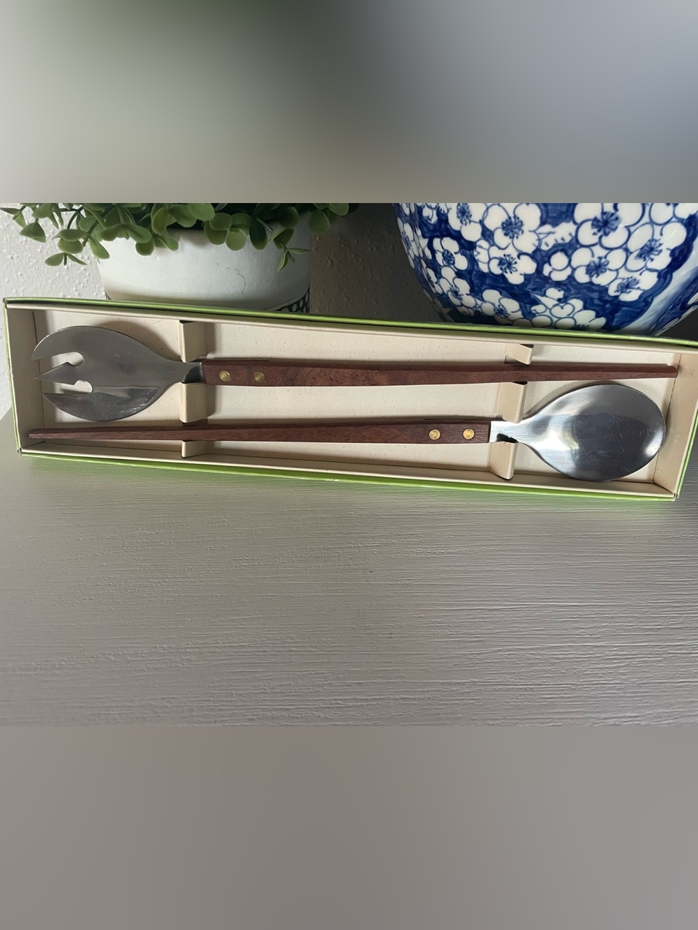 Vintage MCM Salad Serving Set Stainless Steel Wood Handle Japan 12.5 Inch 2pc